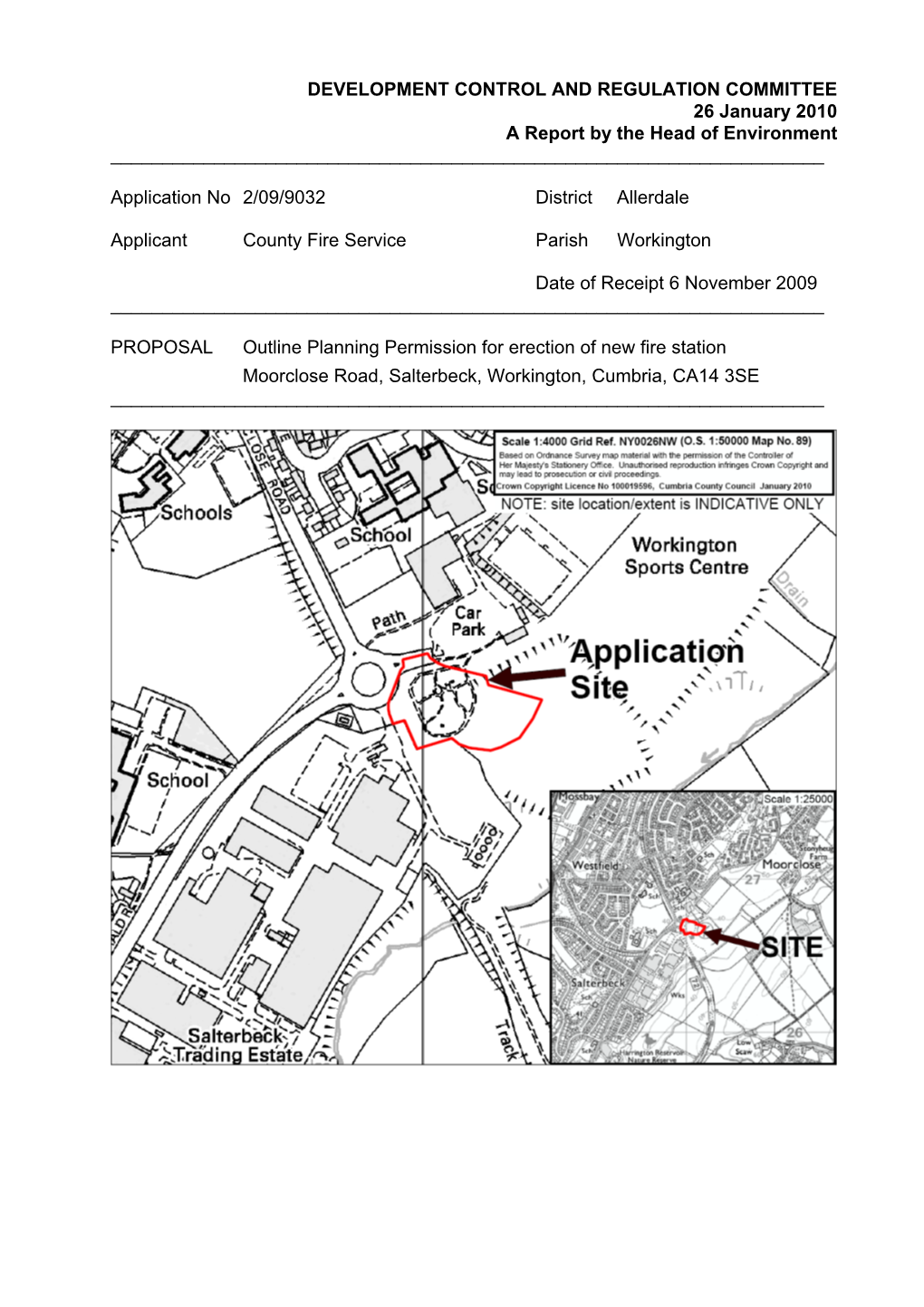 Planning Application No. 2-09-9032 New Fire Station, Moorclose Road, Salterbeck, Workington