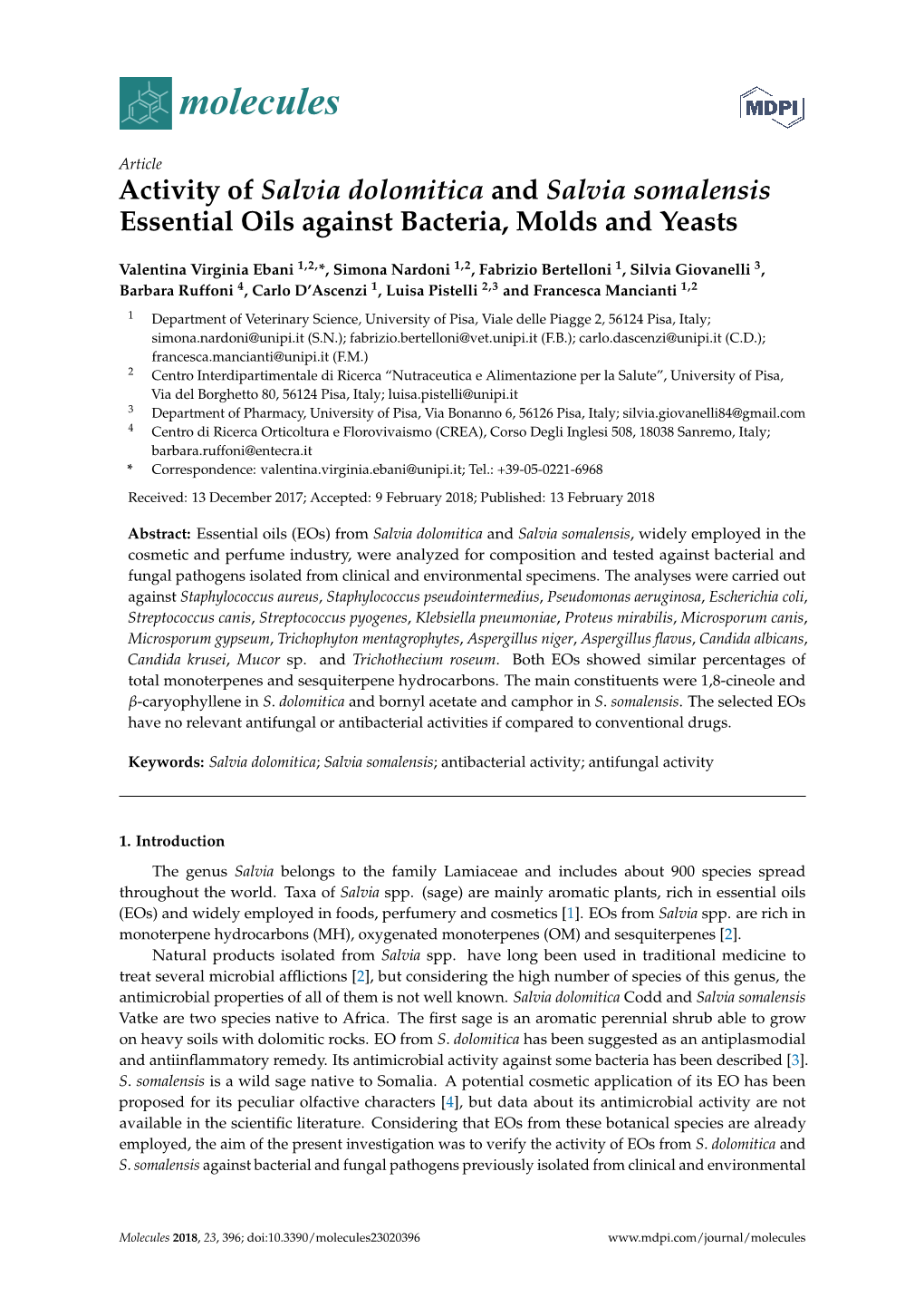 Activity of Salvia Dolomitica and Salvia Somalensis Essential Oils Against Bacteria, Molds and Yeasts