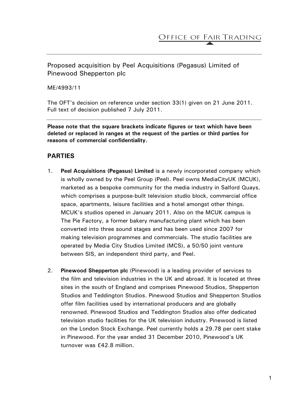 Proposed Acquisition by Peel Acquisitions (Pegasus) Limited of Pinewood Shepperton Plc