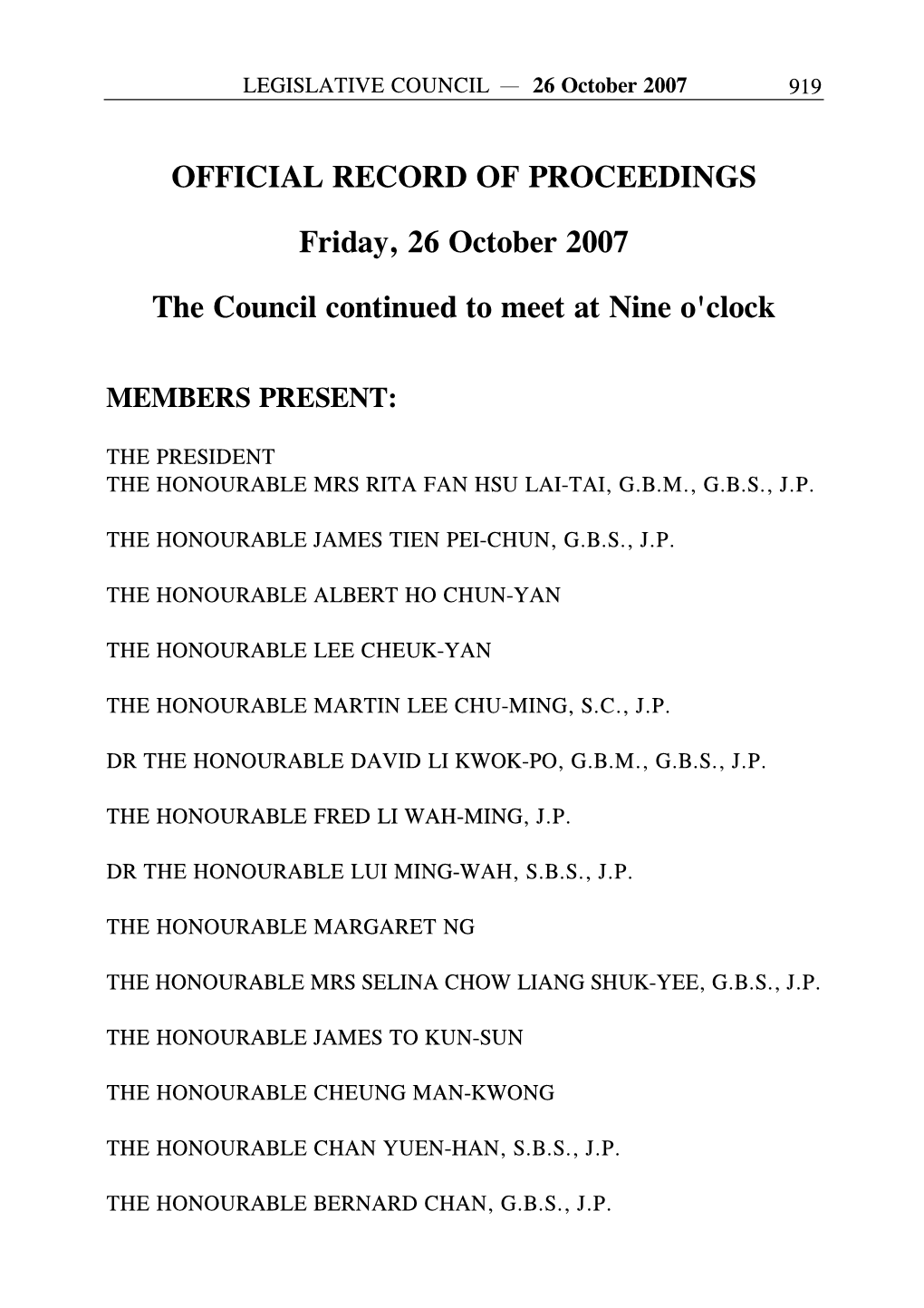 OFFICIAL RECORD of PROCEEDINGS Friday, 26 October