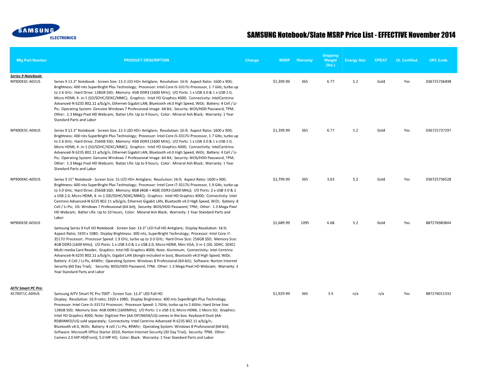 SAMSUNG Notebook/Slate MSRP Price List - EFFECTIVE November 2014