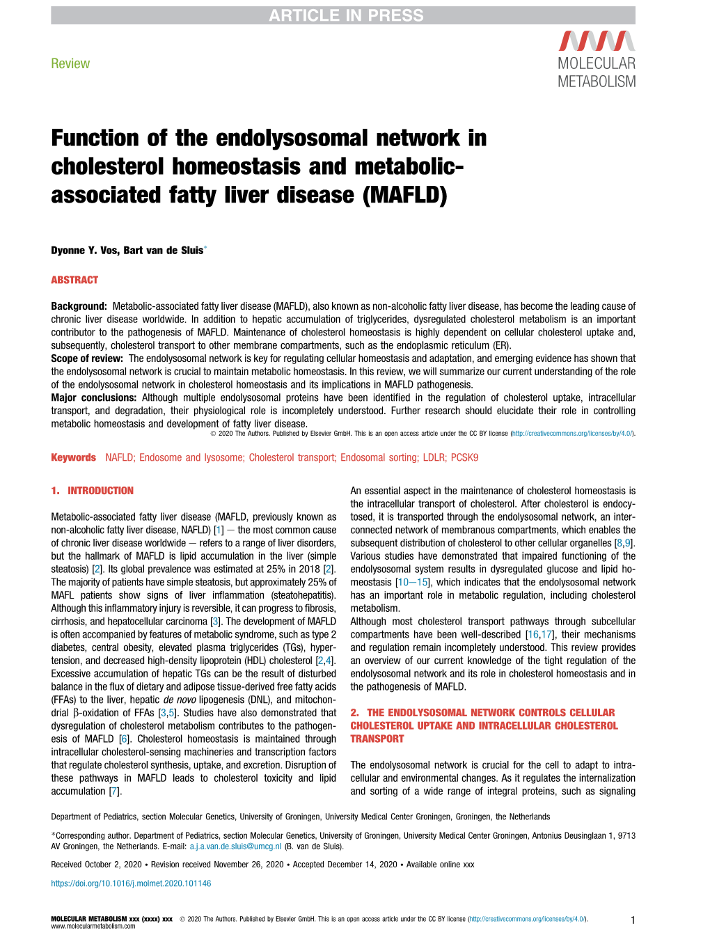 Function of the Endolysosomal Network in Cholesterol Homeostasis and Metabolic- Associated Fatty Liver Disease (MAFLD)