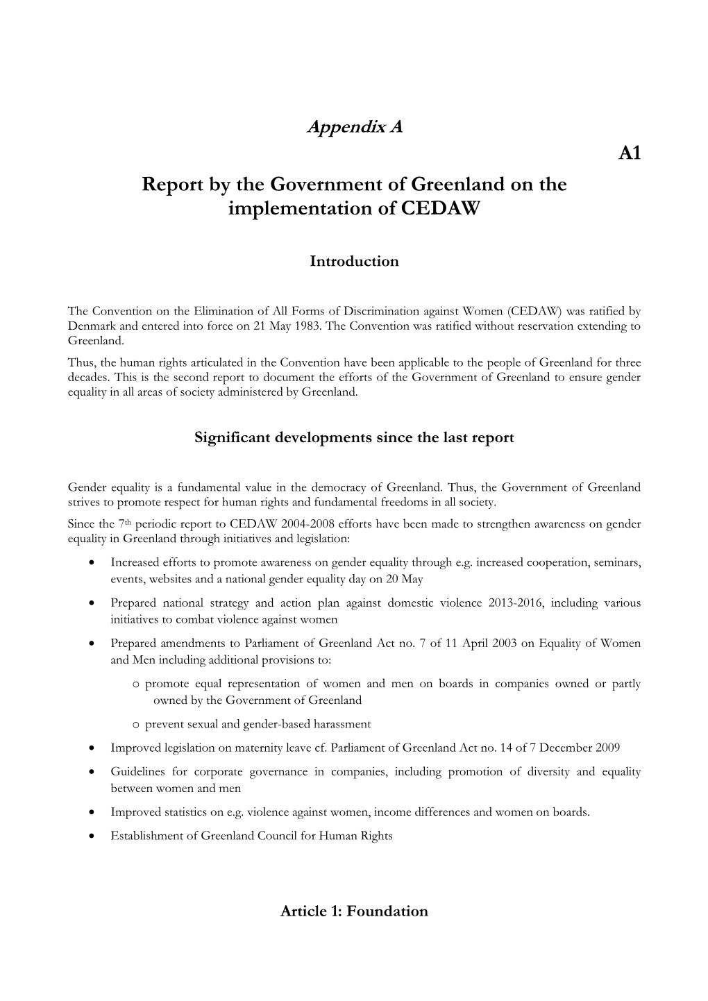 A1 Report by the Government of Greenland on the Implementation of CEDAW