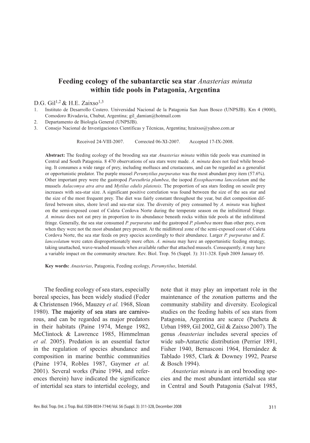 Feeding Ecology of the Subantarctic Sea Star Anasterias Minuta Within Tide Pools in Patagonia, Argentina