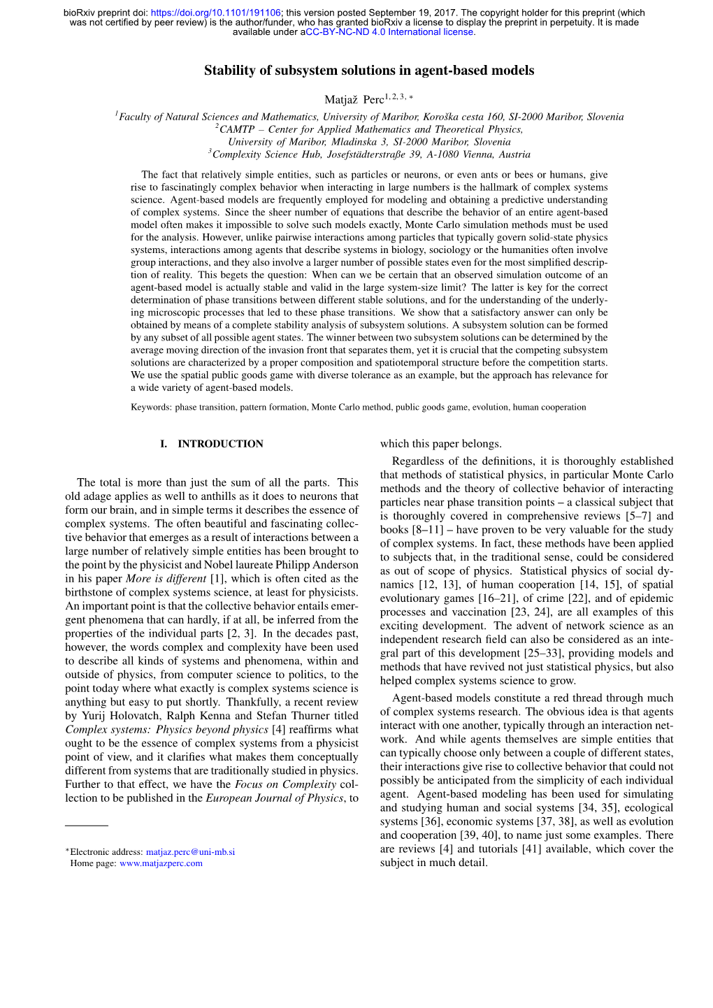 Stability of Subsystem Solutions in Agent-Based Models