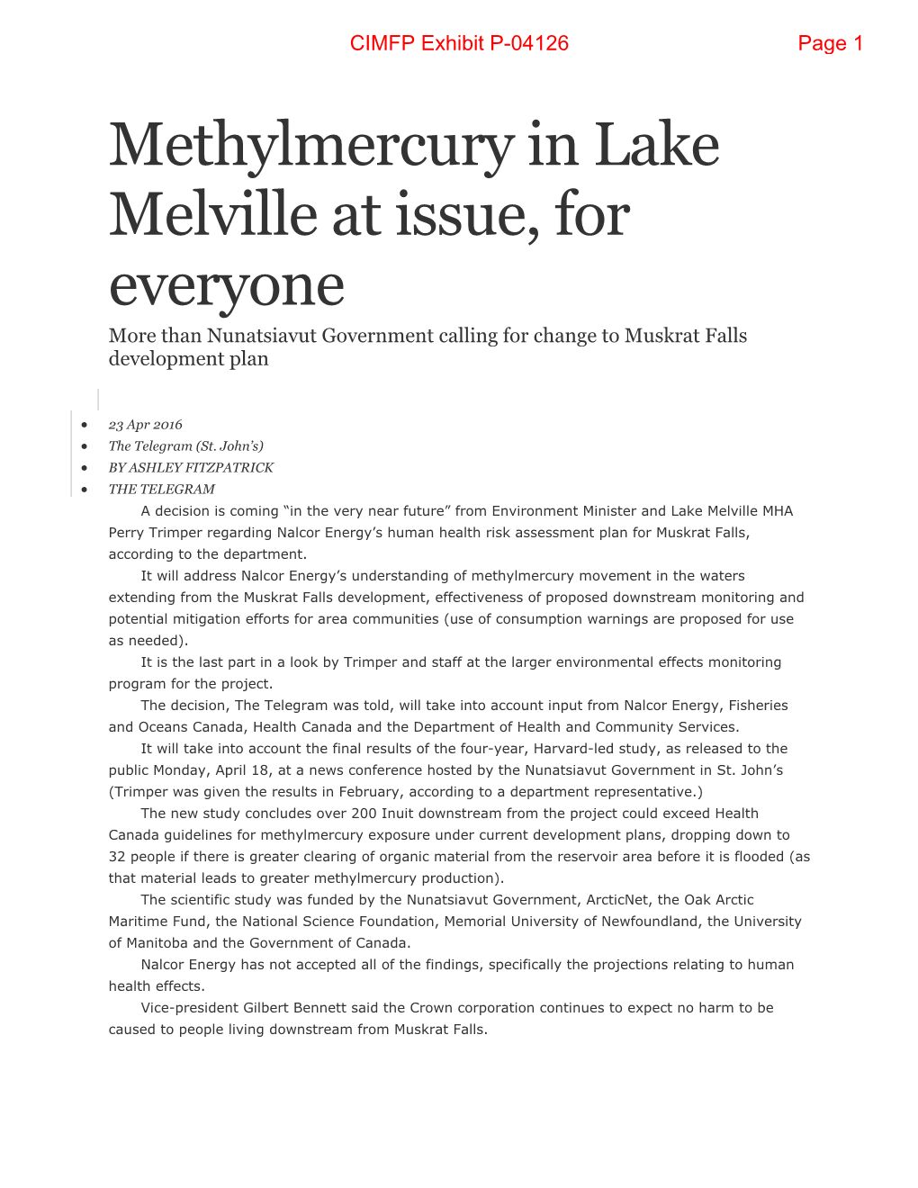 Methylmercury in Lake Melville at Issue, for Everyone More Than Nunatsiavut Government Calling for Change to Muskrat Falls Development Plan