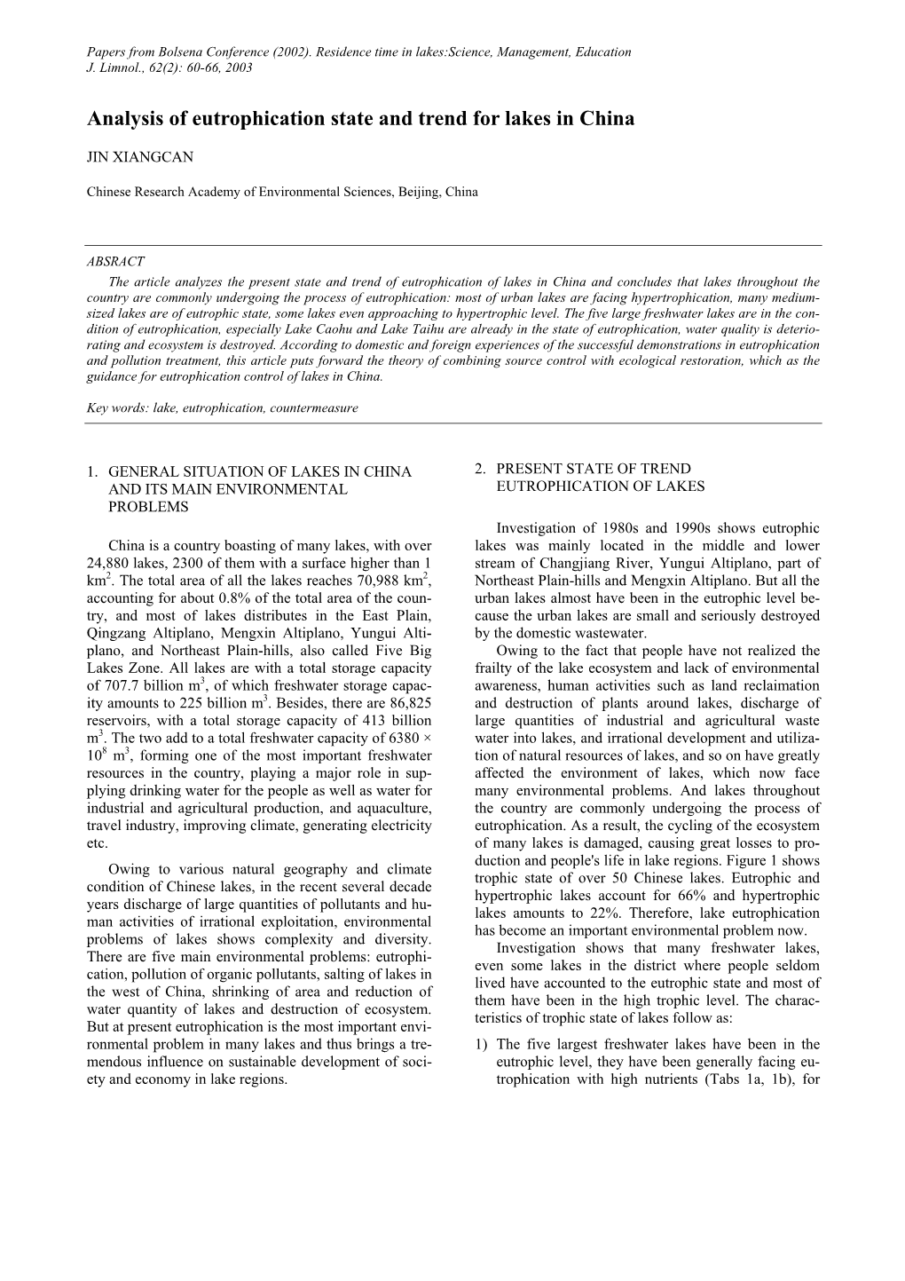 Analysis of Eutrophication State and Trend for Lakes in China