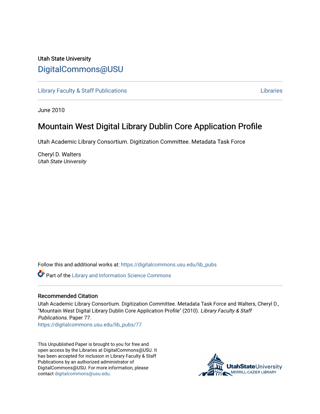 Mountain West Digital Library Dublin Core Application Profile