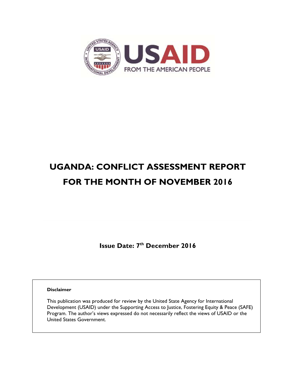 Conflict Assessment Report for the Month of November 2016