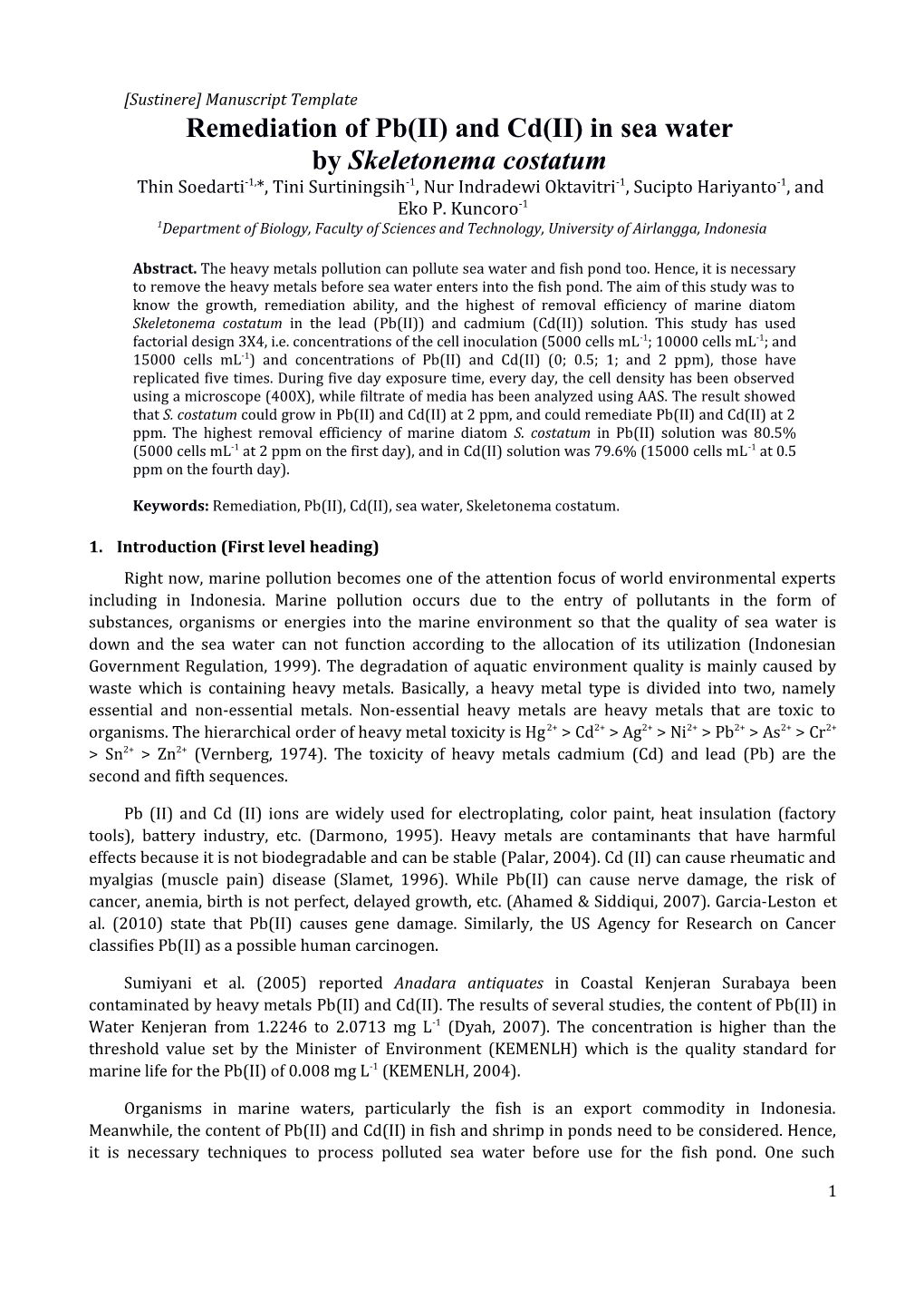 Remediation of Pb(II) and Cd(II) in Sea Water