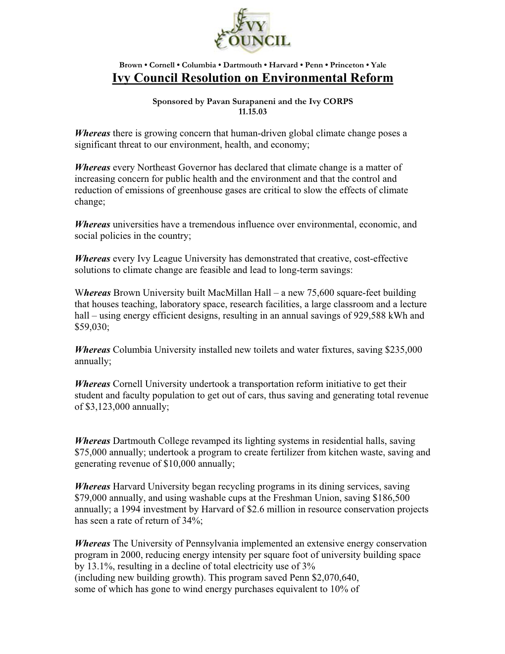 Ivy Council Resolution on Environmental Reform