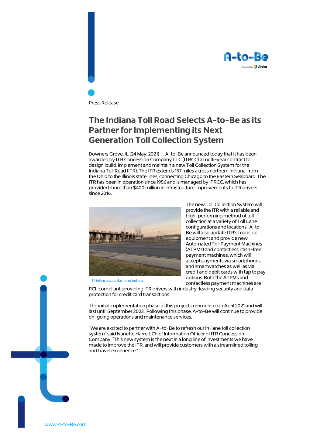 ITR Selects A-To-Be As Its Partner for Implementing Toll Collection System