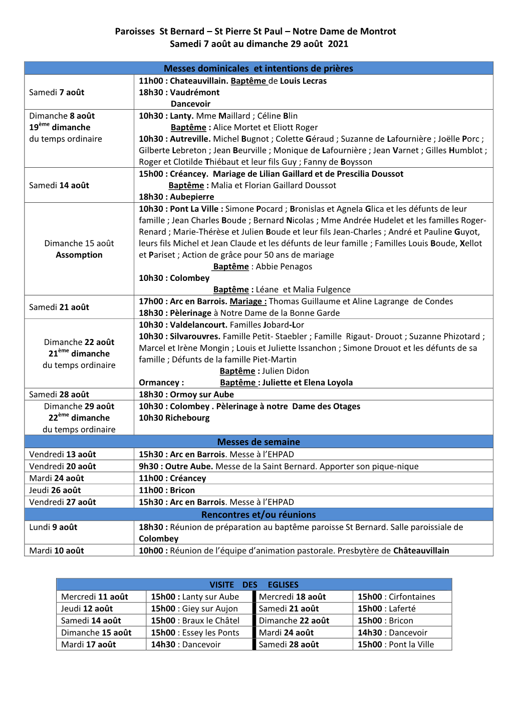 Paroisses St Bernard – St Pierre St Paul – Notre Dame De Montrot Samedi 7 Août Au Dimanche 29 Août 2021