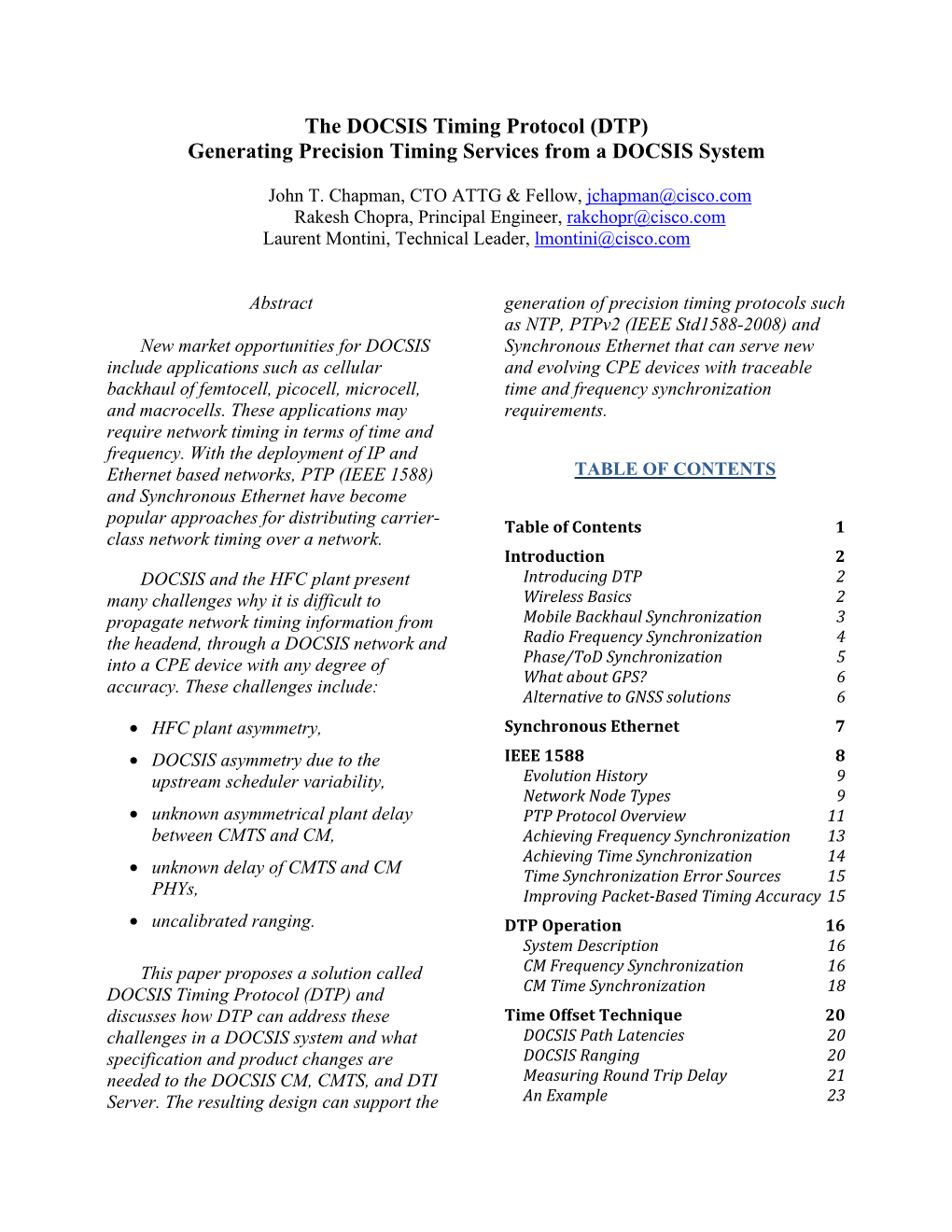 DOCSIS Timing Protocol (DTP) Generating Precision Timing Services from a DOCSIS System