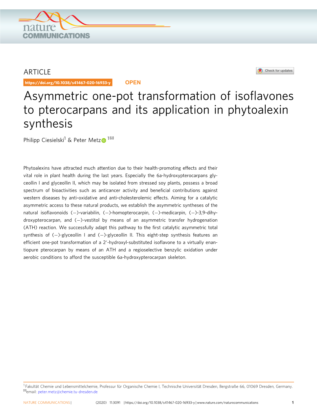 Asymmetric One-Pot Transformation of Isoflavones to Pterocarpans and Its