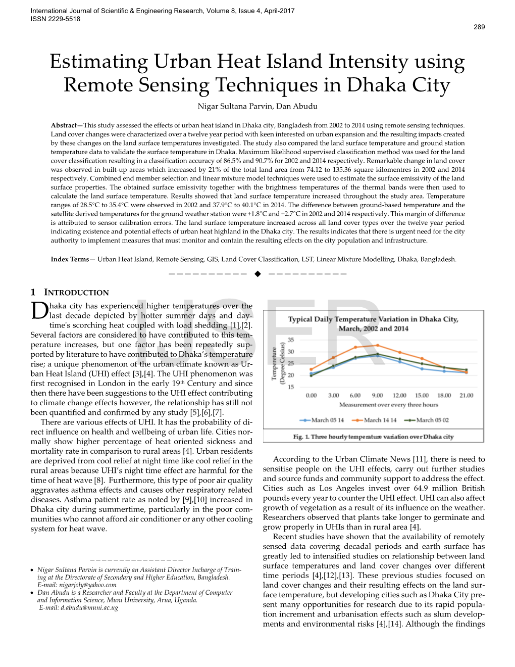 Estimating Urban Heat Island Intensity Using Remote Sensing Techniques in Dhaka City Nigar Sultana Parvin, Dan Abudu
