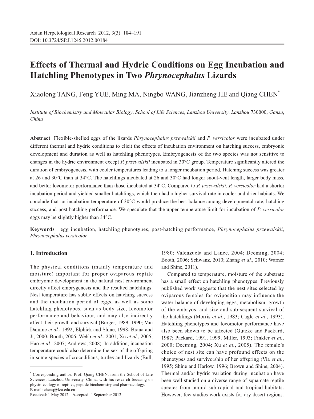 Effects of Thermal and Hydric Conditions on Egg Incubation and Hatchling Phenotypes in Two Phrynocephalus Lizards