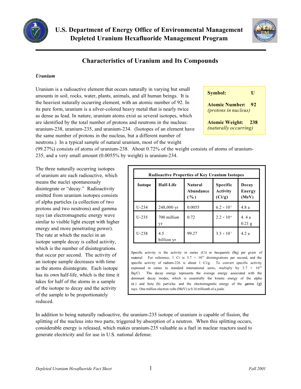 Characteristics of Uranium and Its Compounds