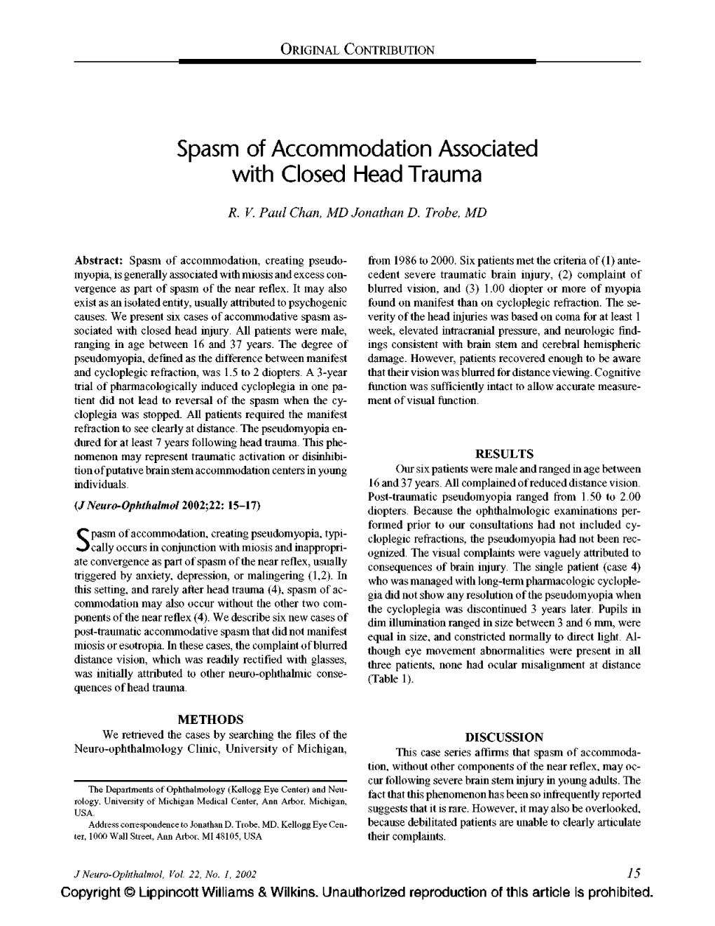 Spasm of Accommodation Associated with Closed Head Trauma