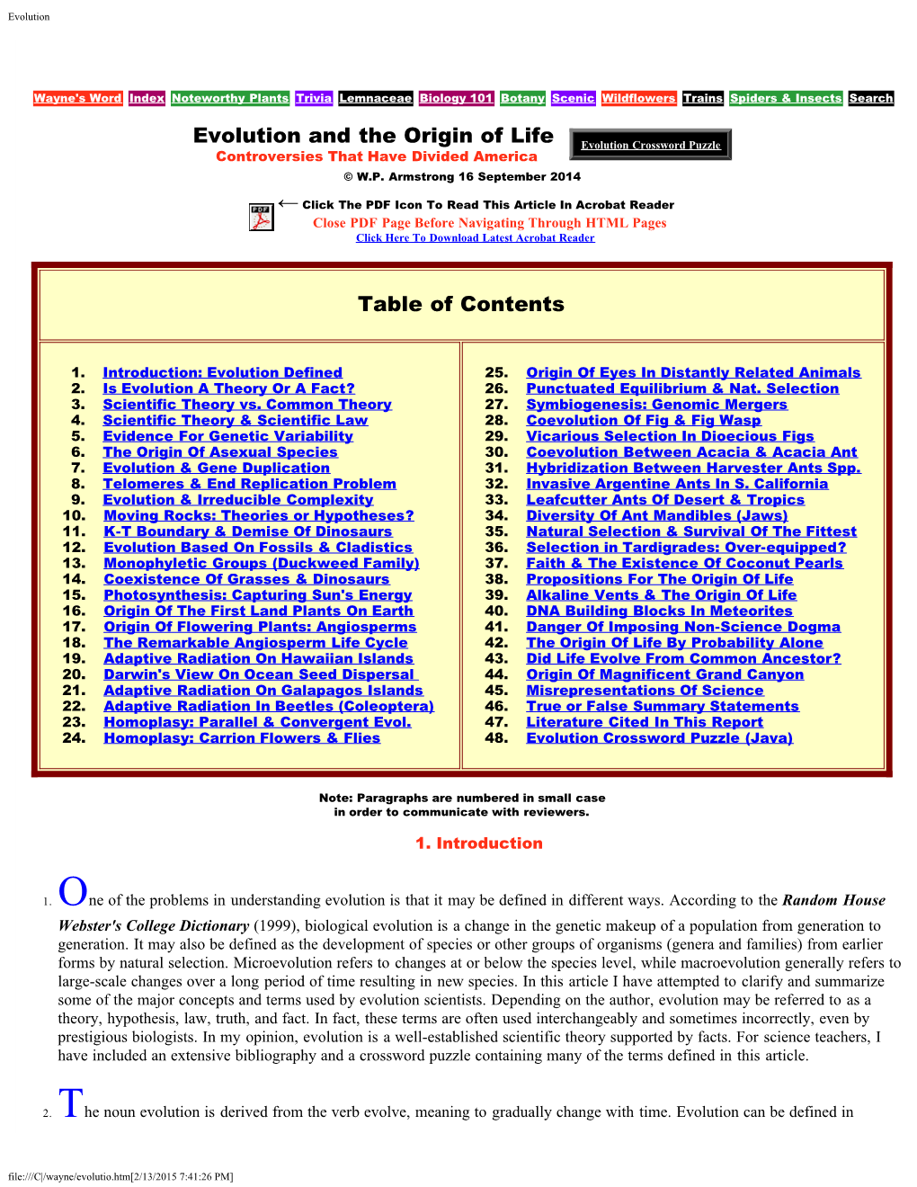 Evolution and the Origin of Life Table of Contents