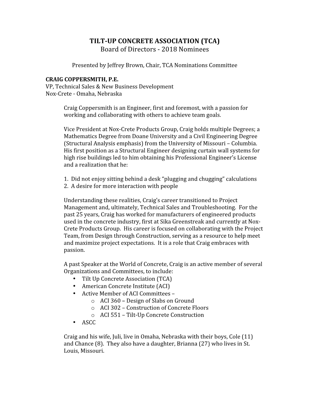 TILT-‐UP CONCRETE ASSOCIATION (TCA) Board of Directors -‐ 2018