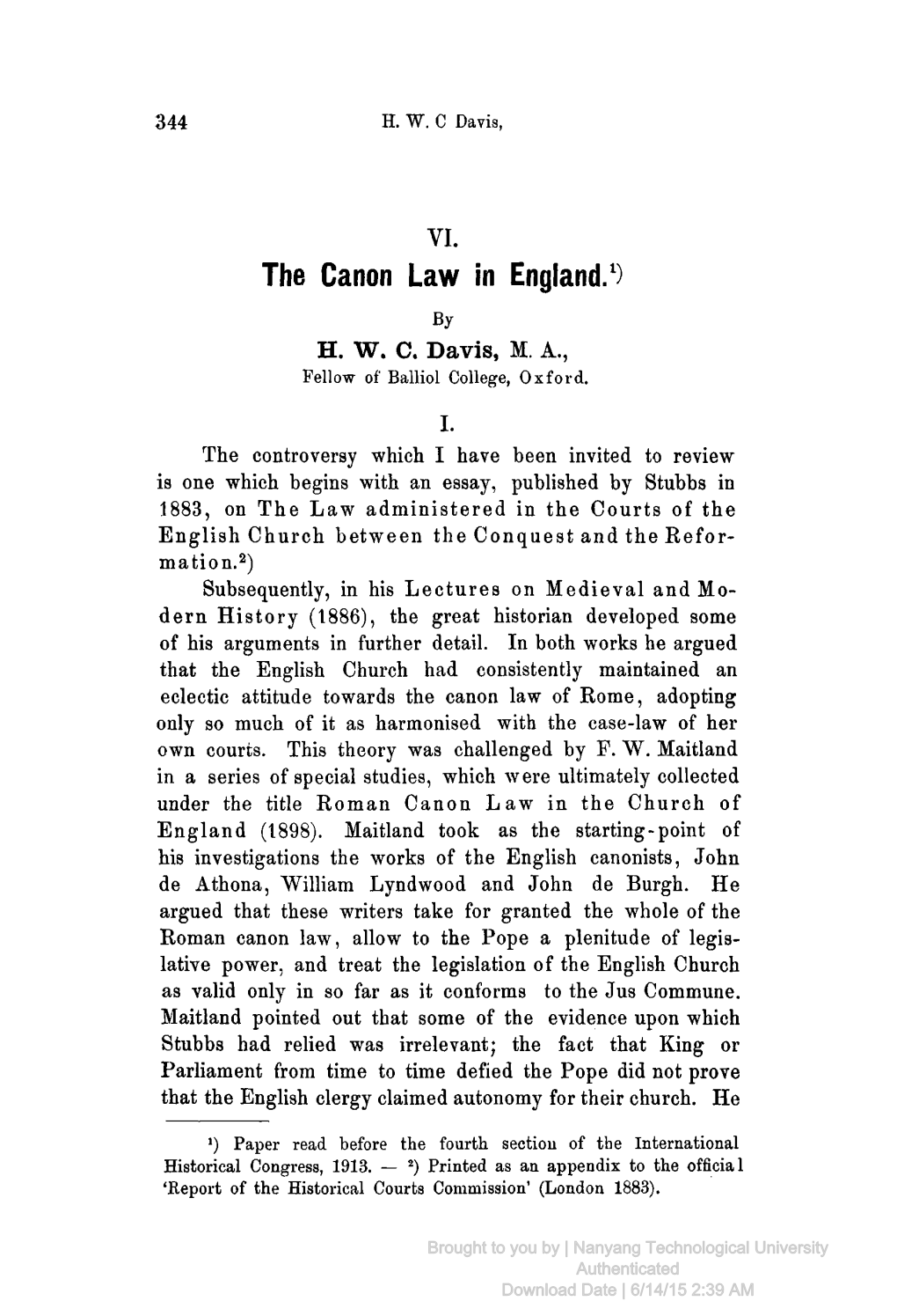 The Canon Law in England.1)