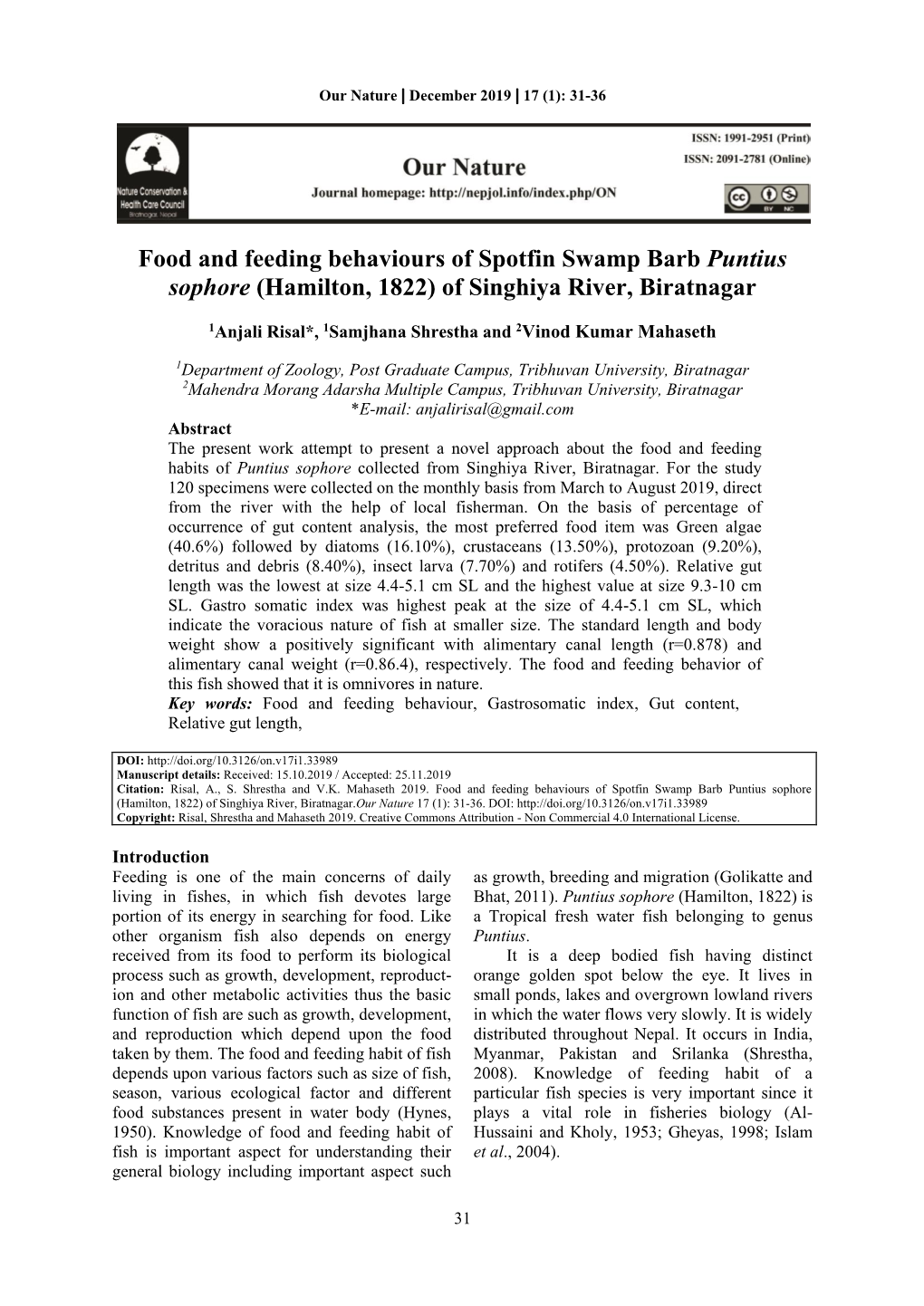 Food and Feeding Behaviours of Spotfin Swamp Barb Puntius Sophore (Hamilton, 1822) of Singhiya River, Biratnagar