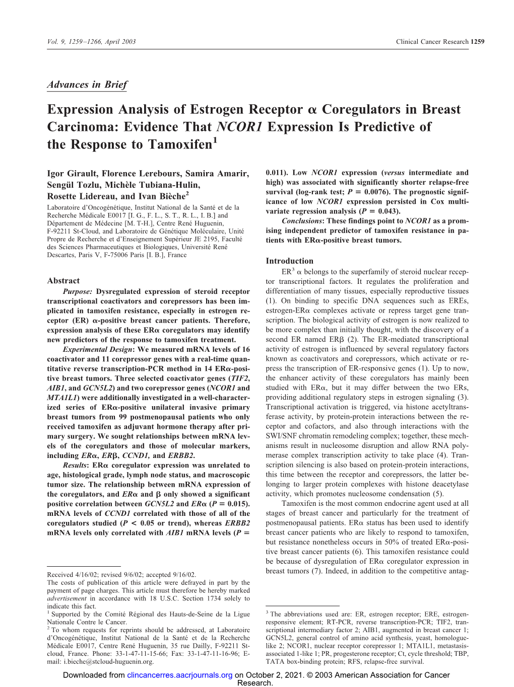 Expression Analysis of Estrogen Receptor Coregulators in Breast