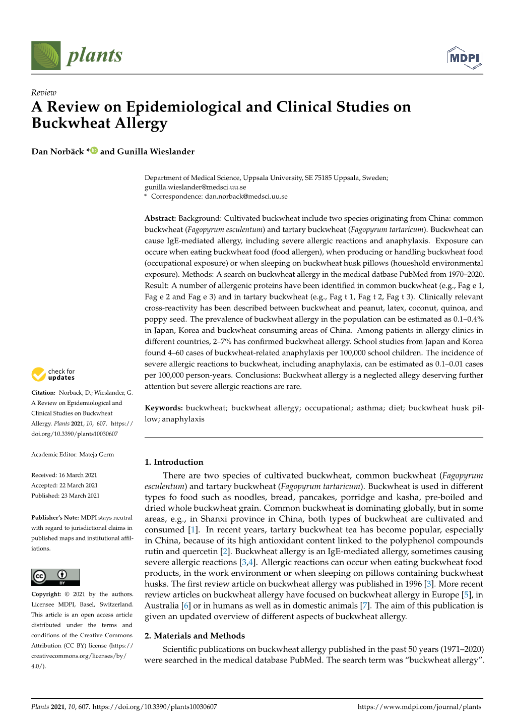 A Review on Epidemiological and Clinical Studies on Buckwheat Allergy