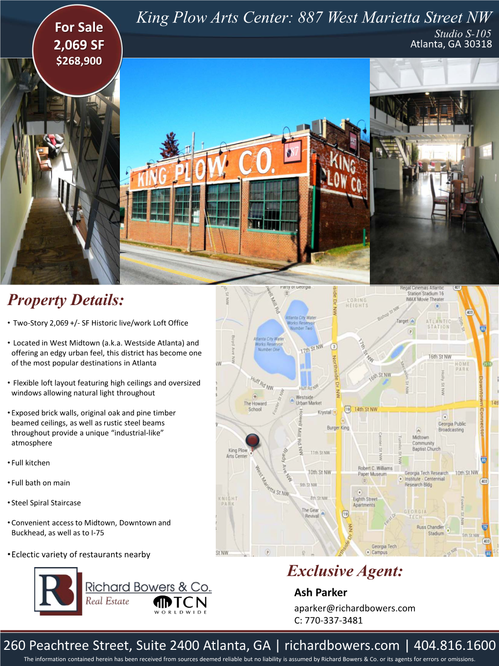 King Plow Arts Center: 887 West Marietta Street NW Studio S-105 2,069 SF Atlanta, GA 30318 $268,900