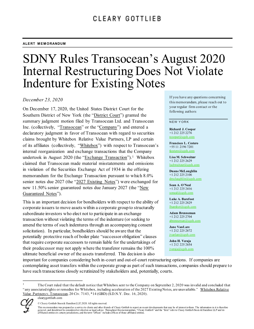 SDNY Rules Transocean's August 2020 Internal Restructuring Does