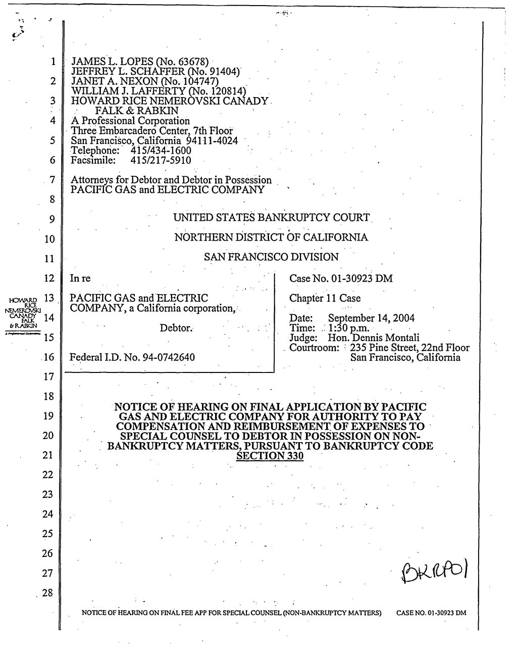 Notice of Hearing on Final Application by Pacific Gas and Electric