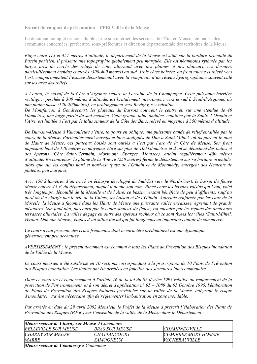 Extrait Du Rapport De Présentation – Ppri Vallée De La Meuse Le