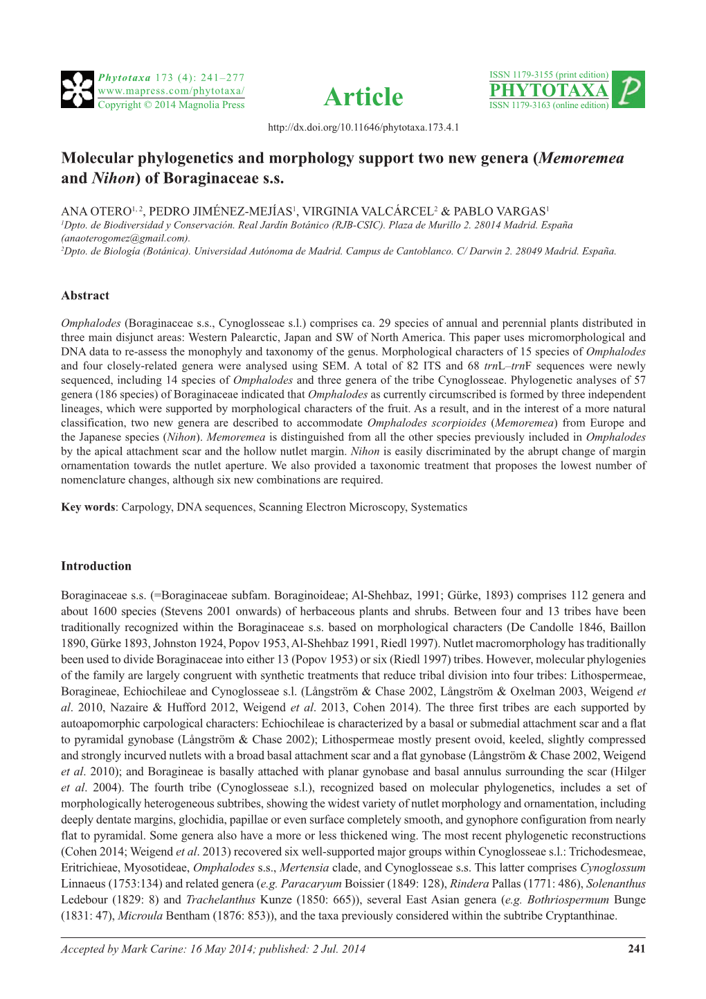 Molecular Phylogenetics and Morphology Support Two New Genera (Memoremea and Nihon) of Boraginaceae S.S