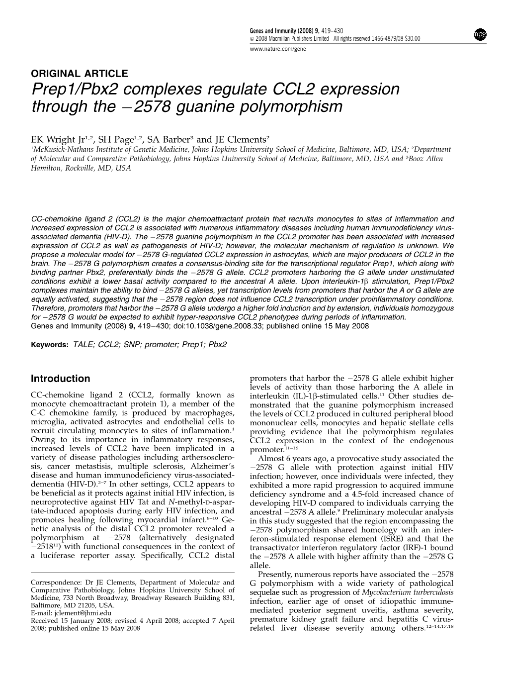 Prep1/Pbx2 Complexes Regulate CCL2 Expression Through the À2578 Guanine Polymorphism