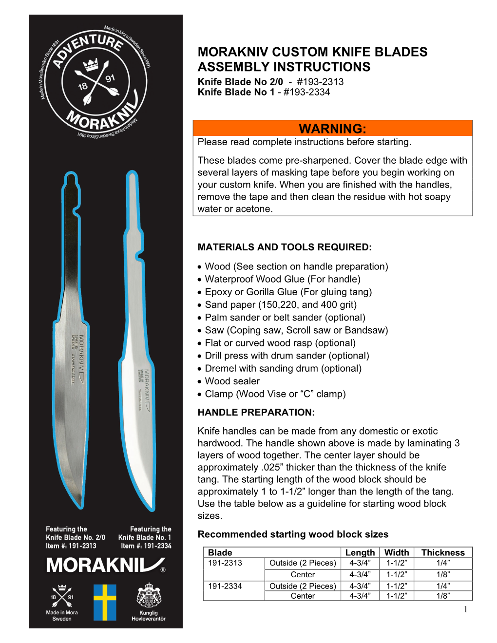 Morakniv Custom Knife Blades Assembly Instructions Warning