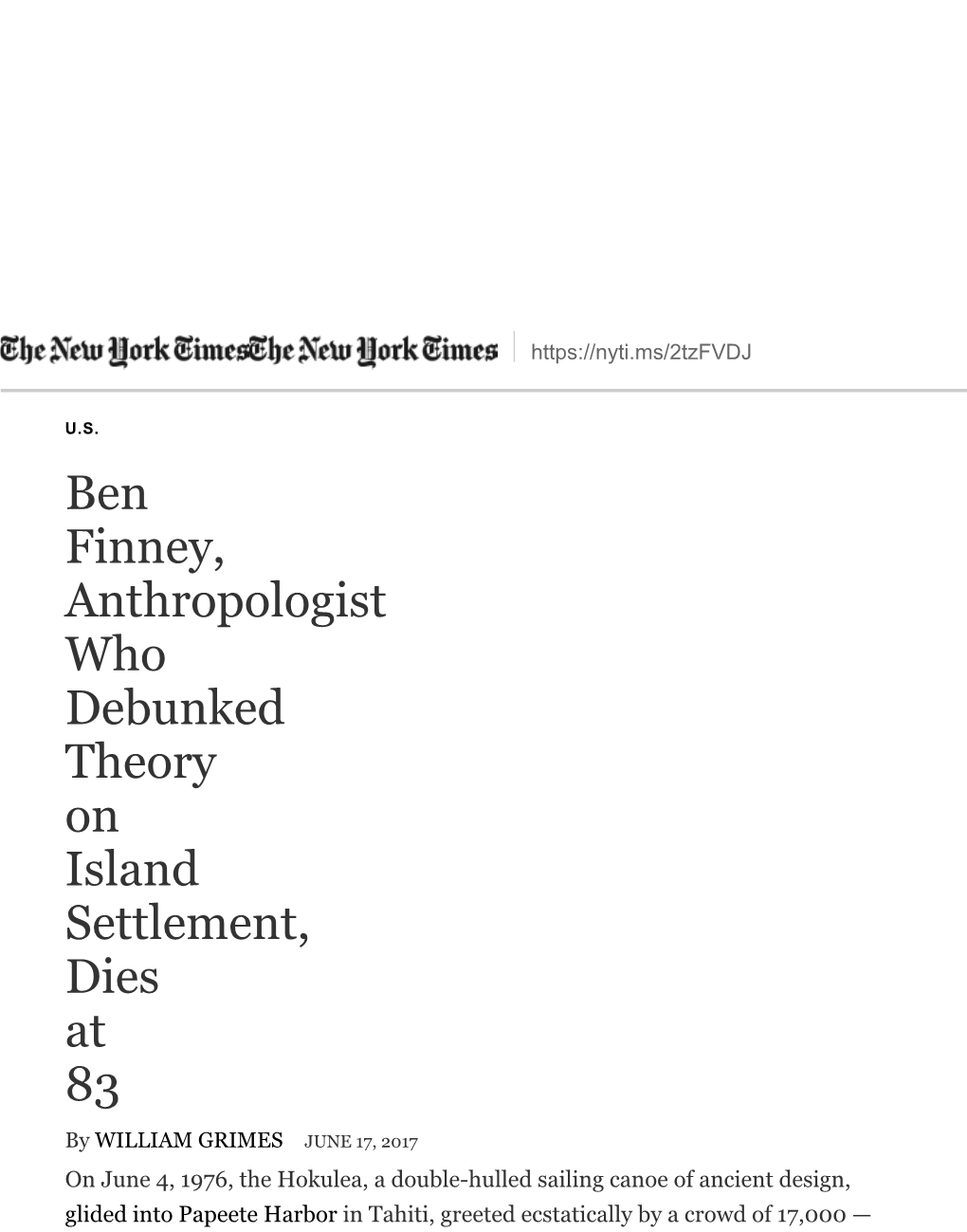 Ben Finney, Anthropologist Who Debunked Theory on Island Settlement, Dies at 83