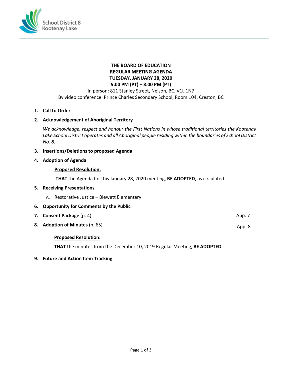 The Board of Education Regular Meeting Agenda