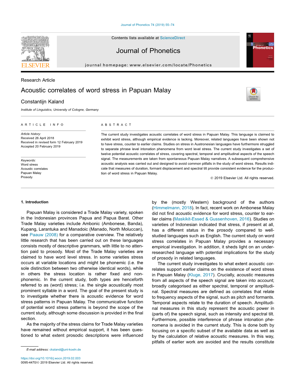 Acoustic Correlates of Word Stress in Papuan Malay