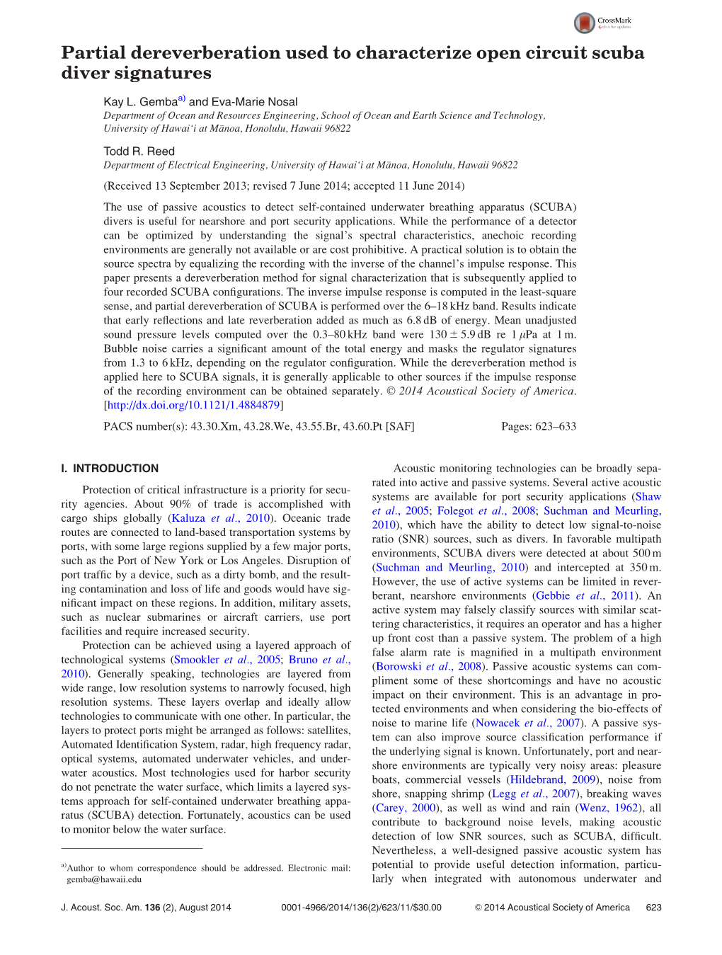 Partial Dereverberation Used to Characterize Open Circuit Scuba Diver Signatures