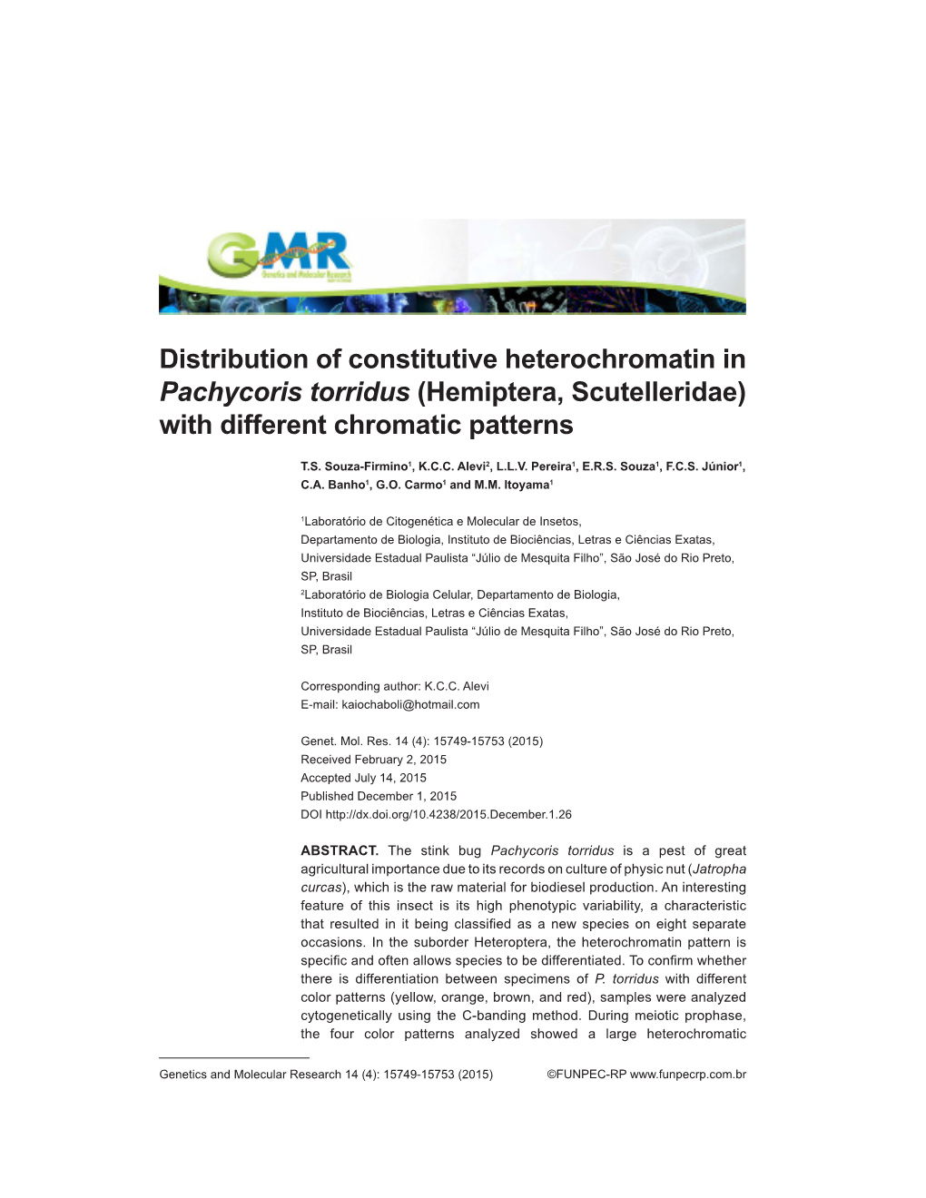 Distribution of Constitutive Heterochromatin in Pachycoris Torridus (Hemiptera, Scutelleridae) with Different Chromatic Patterns