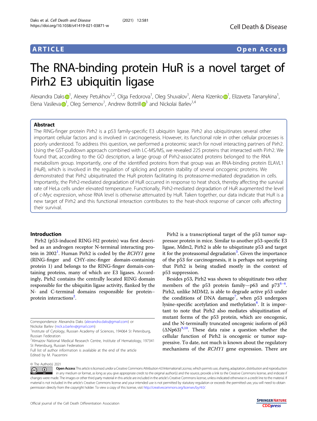 The RNA-Binding Protein Hur Is a Novel Target of Pirh2 E3 Ubiquitin