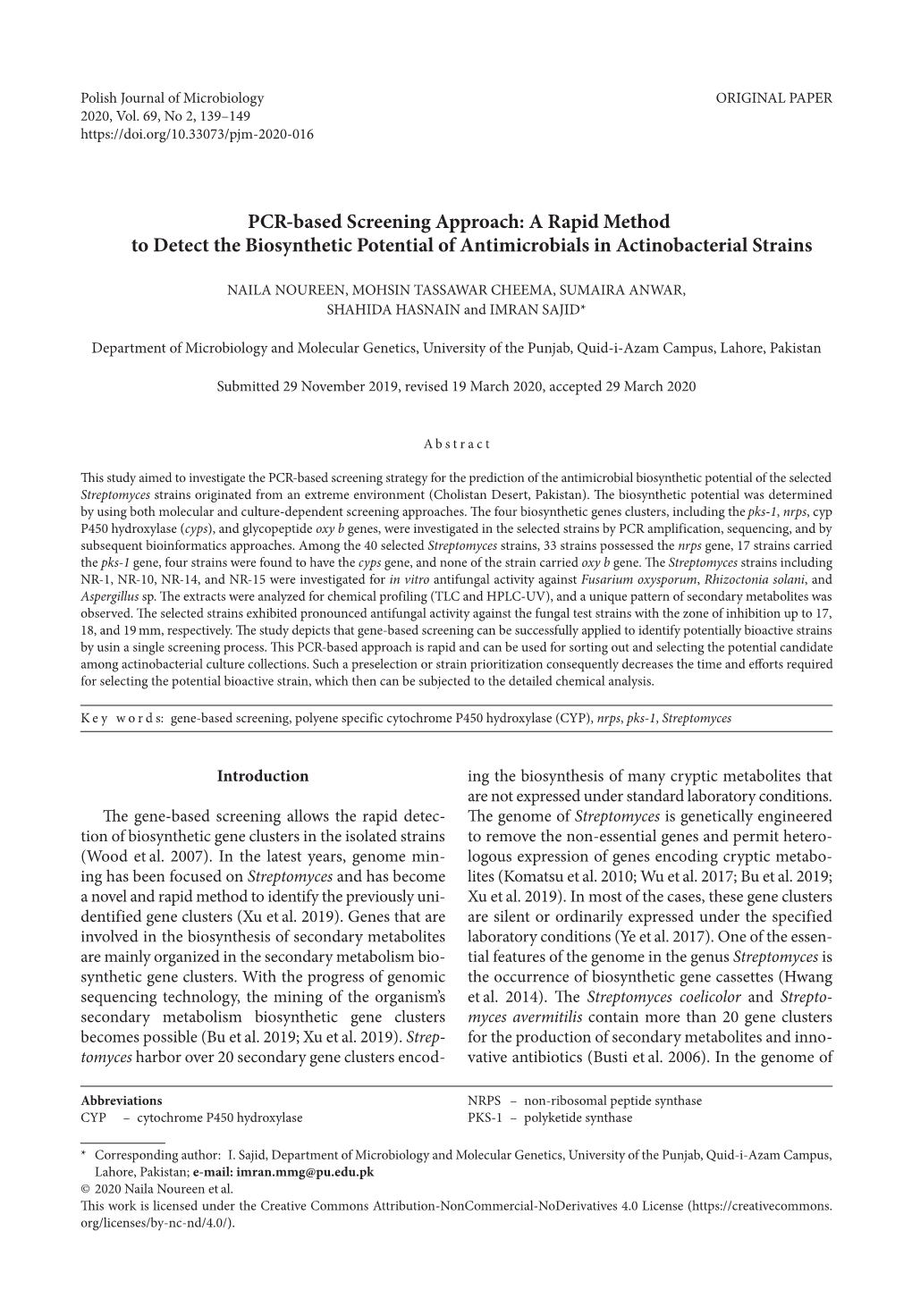 PCR-Based Screening Approach: a Rapid Method to Detect the Biosynthetic Potential of Antimicrobials in Actinobacterial Strains