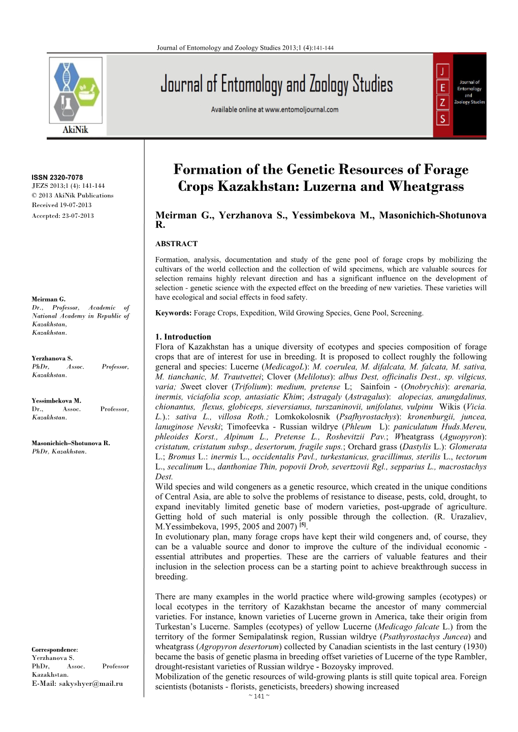 Formation of the Genetic Resources of Forage Crops Kazakhstan