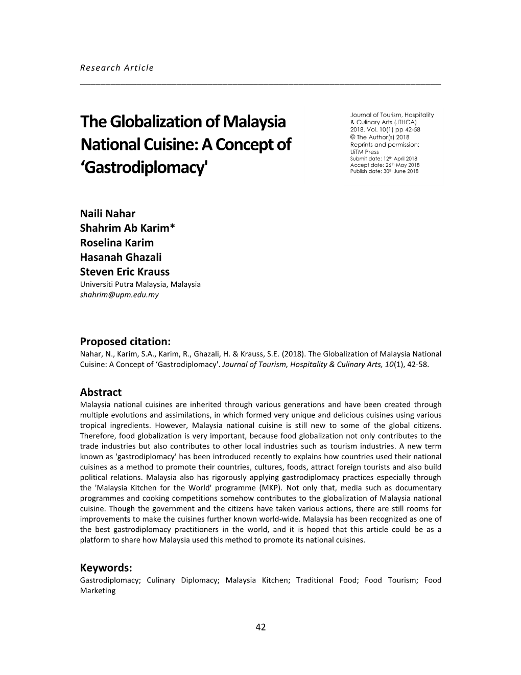 The Globalization of Malaysia National Cuisine: a Concept of ‘Gastrodiplomacy'