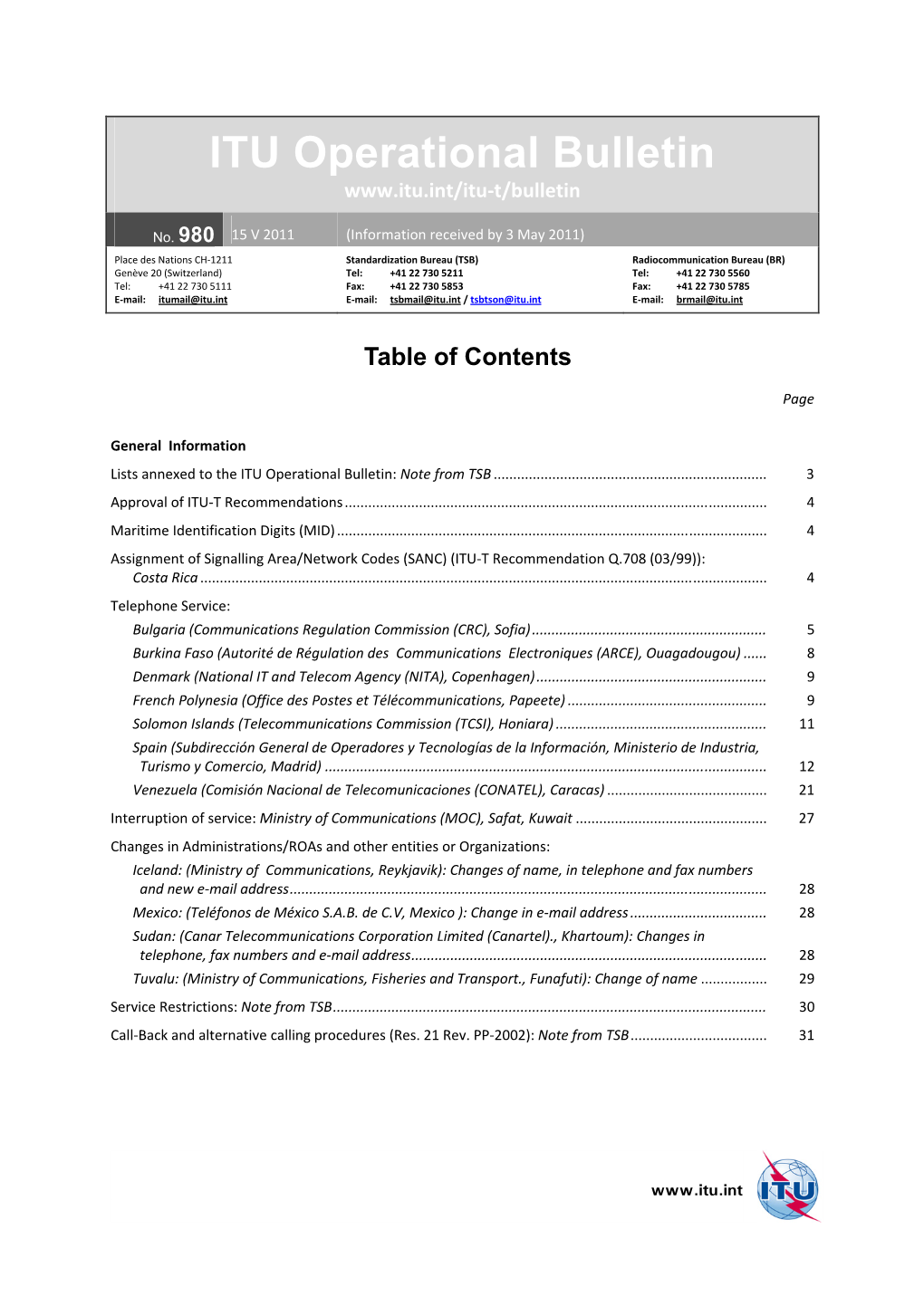 ITU Operational Bulletin