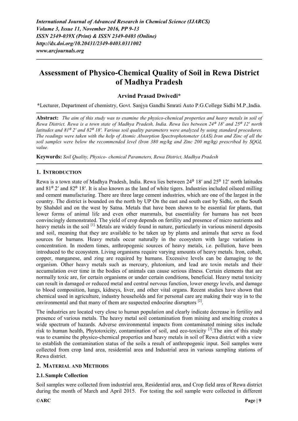 Assessment of Physico-Chemical Quality of Soil in Rewa District of Madhya Pradesh