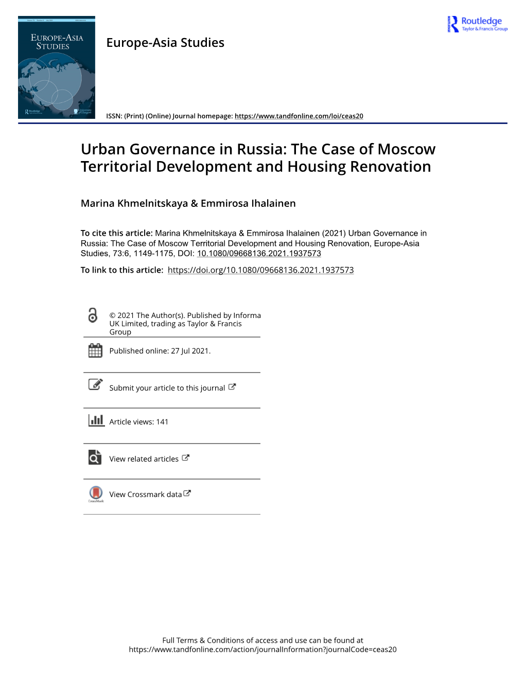 Urban Governance in Russia: the Case of Moscow Territorial Development and Housing Renovation