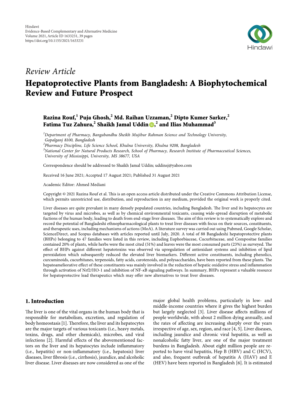 Review Article Hepatoprotective Plants from Bangladesh: a Biophytochemical Review and Future Prospect