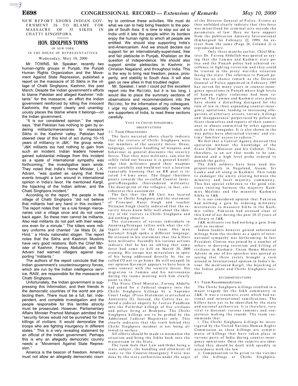 CONGRESSIONAL RECORD— Extensions of Remarks E698 HON